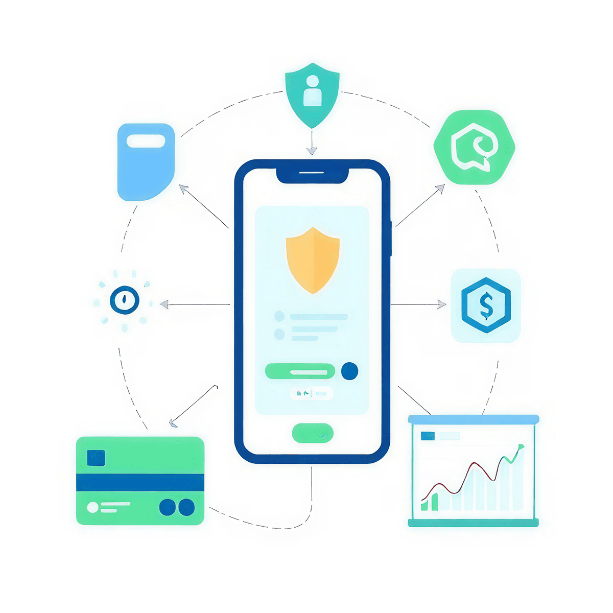 Banking features showcase with mobile app interface and security elements