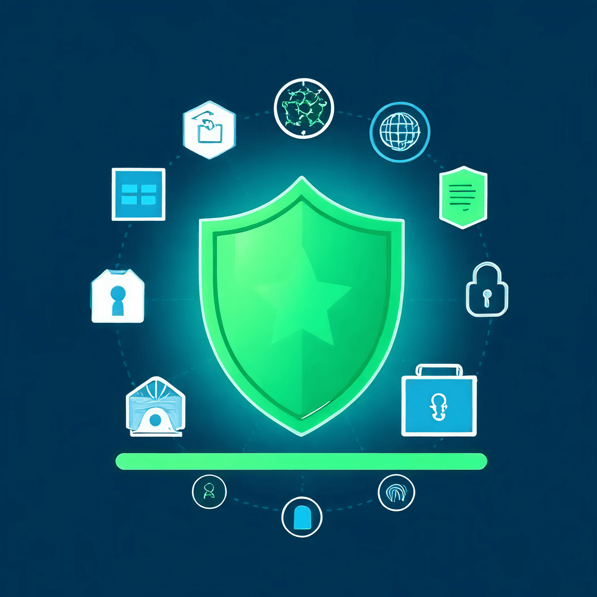 Banking security illustration with shield, encryption, and protection elements